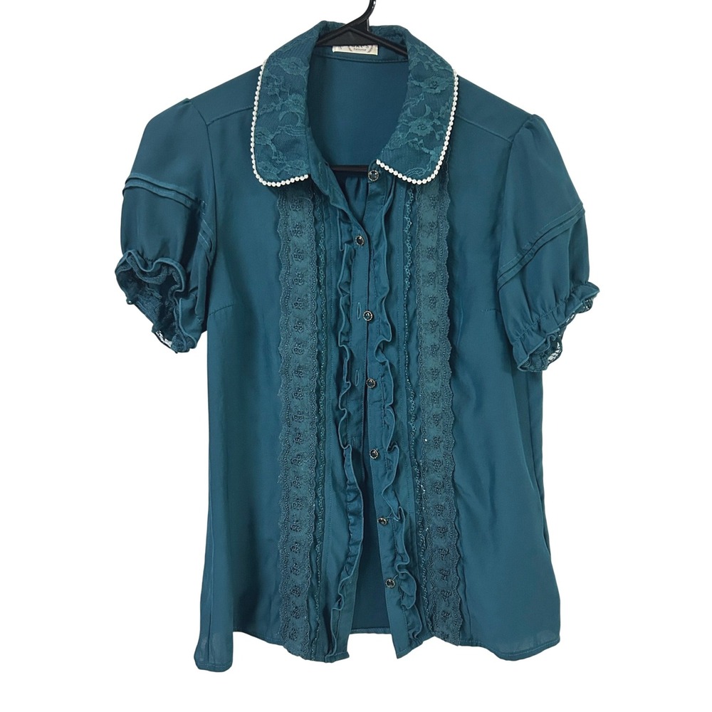 Axes Femme Lace Ruffle Blouse M Pearl Collar Teal Coquette Mori Girl Japan